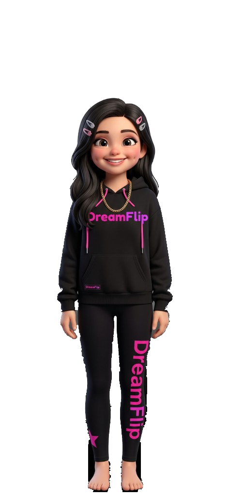 Mariah's DreamFlip avatar in a black DreamFlip hoodie and leggings